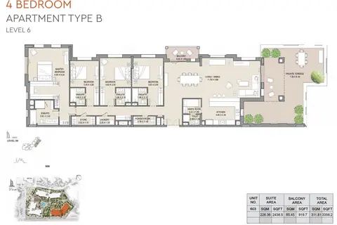 MJL Asayel Building 2: 4 Bedroom, Type B, Level 6, 3,356 sq ft 户型图