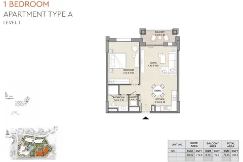 MJL Asayel Building 2: 1 Bedroom, Type A, Level 1, 785 sq ft 户型图