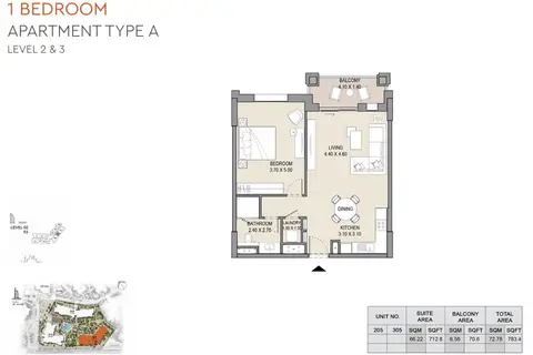 MJL Asayel Building 2: 1 Bedroom, Type A, Level 2 & 3, 783 sq ft 户型图