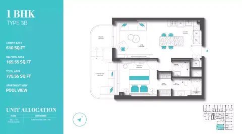REFF 997: Floor plan Type 3B, 775 sq ft