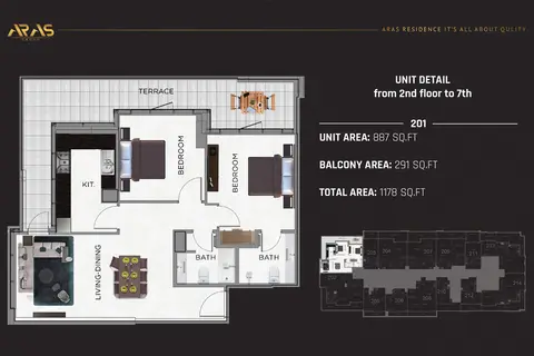 ARAS Residence: Floor plan Unit 2nd Floor to 7th, 1,178 sq ft