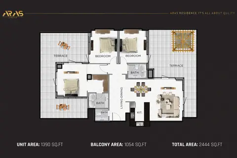 ARAS Residence: Floor plan 3 Bedroom, 2,444 sq ft