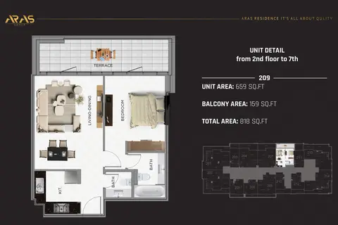 ARAS Residence: Floor plan Unit 2nd Floor to 7th, 818 sq ft