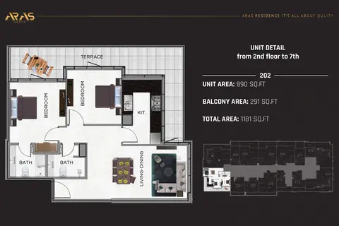 ARAS Residence: Floor plan Unit 2nd Floor to 7th, 1,181 sq ft