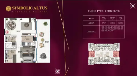 Symbolic Altus: Floor plan Type 2, 835 sq ft