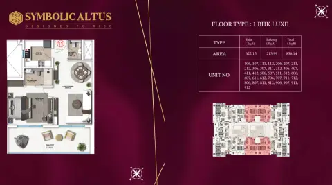Symbolic Altus: Floor plan Type 3, 836 sq ft