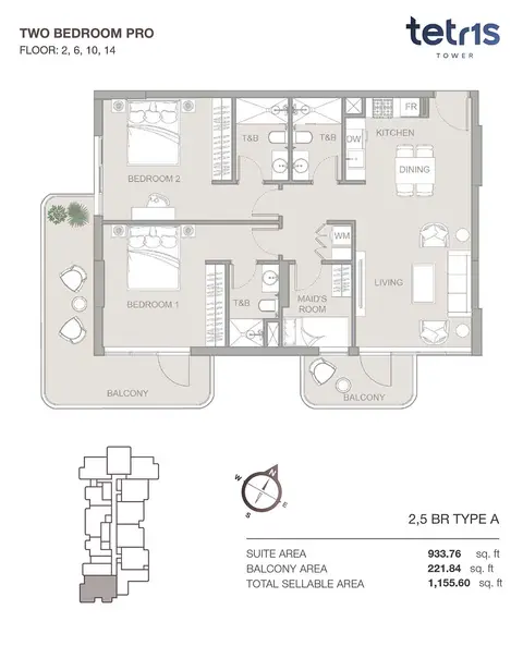 Tetr1s Tower at JVC: Floor plan Type A, 1,156 sq ft