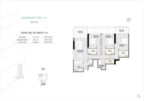 Ayaan Heights 1 at Meydan: Floor plan Type A1 (Units 1301), 1,764 sq ft