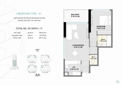 Ayaan Heights 1 at Meydan: Floor plan Type A1 (Units 202-1207), 810 sq ft