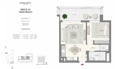 Breeze at Creek Beach: Floor plan Bu1-L2to6-1bd-809.01-sqft, 809 sq ft