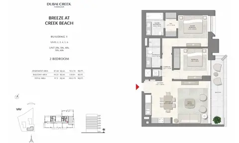 Breeze at Creek Beach: Floor plan Bu1-L2to6-2bd-1053.79-sqft, 1,054 sq ft