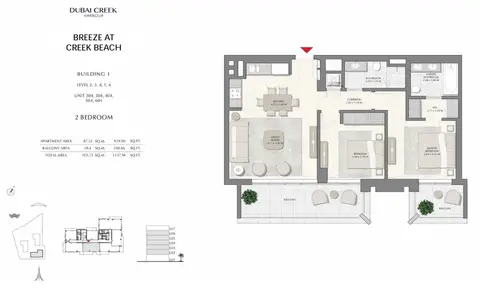 Breeze at Creek Beach: Floor plan Bu1-L2to6-2bd-1137.96-sqft, 1,138 sq ft