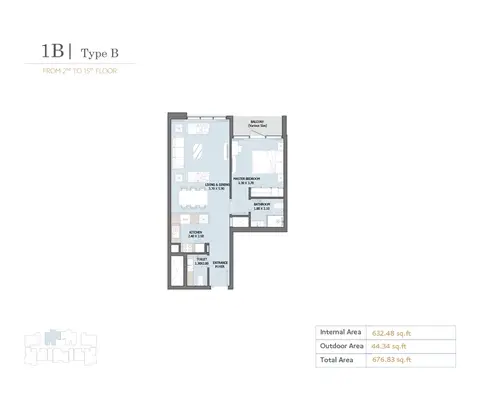 Verdana Residence 10: फ़्लोर प्लान Type B, 677 sq ft