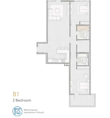 Aria Apartments: Floor plan 2 Bedroom Apartment, Size 1418 sq ft, 1,418 sq ft