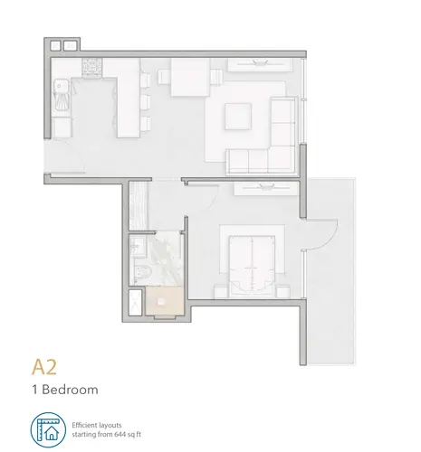 Aria Apartments: Floor plan 1 Bedroom A2 Apartment, Size 644 sq ft, 644 sq ft