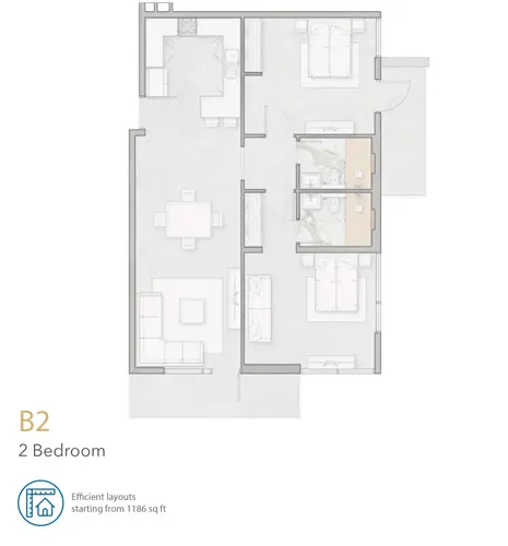 Aria Apartments: Floor plan 2 Bedroom B2 Apartment, Size 1186 sq ft, 1,186 sq ft