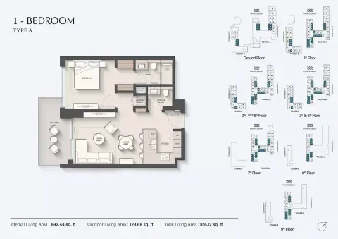 Sands Phase 2: Floor plan Type A-Tower A & B, 816 sq ft