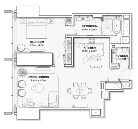 Burj Azizi: Floor plan Type A, 788 sq ft