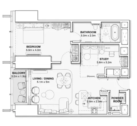 Burj Azizi: Floor plan Type A, 991 sq ft