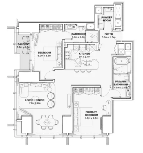Burj Azizi: Floor plan Type B, 1,310 sq ft