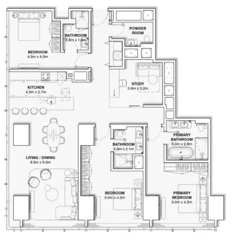 Burj Azizi: Floor plan Type A, 2,033 sq ft