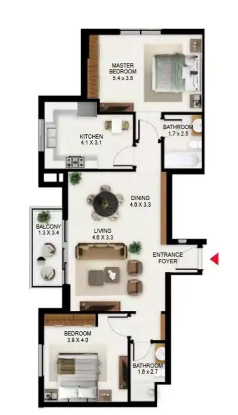 South Garden B: Floor plan Type E, 1,153 sq ft