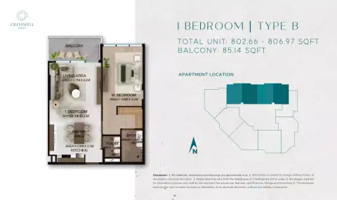 Cresswell Plaza: Type B, 802 sq ft 户型图
