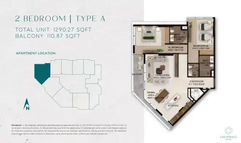 Cresswell Plaza: Type A, 1,290 sq ft 户型图