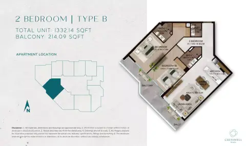 Cresswell Plaza: Type B, 1,332 sq ft 户型图