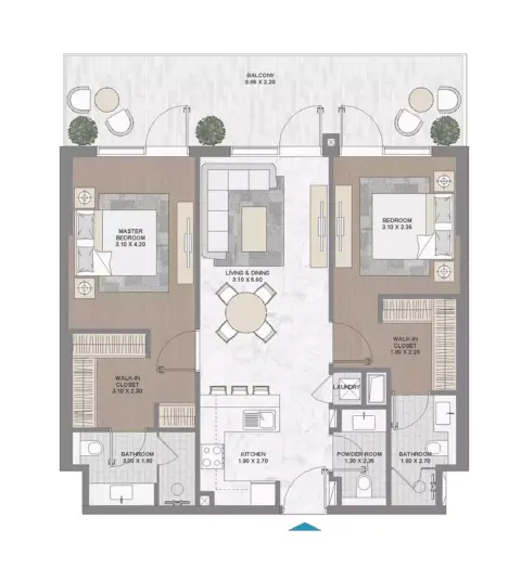 Damac Riverside Views Indigo: Floor plan Type 2001, 1,142 sq ft