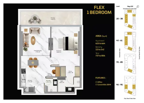 Bayz 102: Floor plan Level 20th to 95th, 806 sq ft
