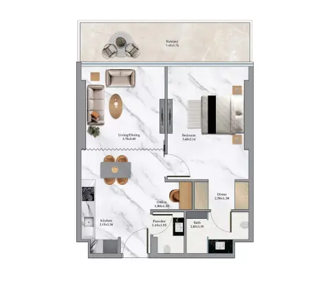 Bayz 102: Floor plan Type A, 749 sq ft