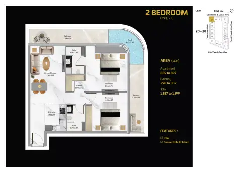 Bayz 102: Floor plan Level 20th to 38th, 1,199 sq ft