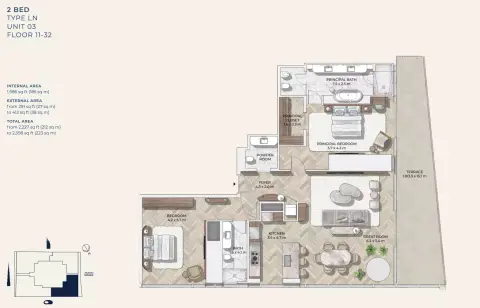 مستر سي ريزيدنسز وسط مدينة دبي: مخطط الطابق Type 2, 2,398 sq ft