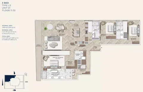 مستر سي ريزيدنسز وسط مدينة دبي: مخطط الطابق Type 1, 3,069 sq ft