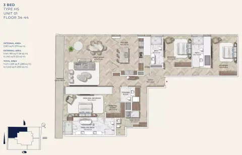 مستر سي ريزيدنسز وسط مدينة دبي: مخطط الطابق Type 3, 3,143 sq ft