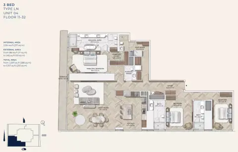 مستر سي ريزيدنسز وسط مدينة دبي: مخطط الطابق Type 2, 3,157 sq ft