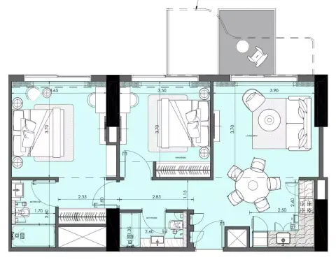 Azizi Wasl: Floor plan Type C, 966 sq ft
