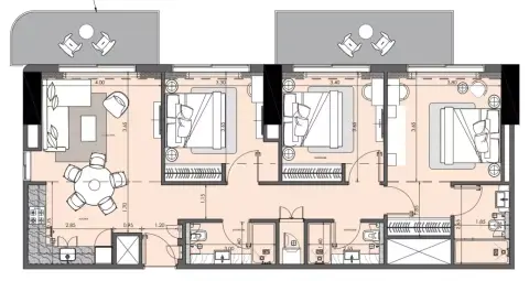 Azizi Wasl: Floor plan Type A, 1,329 sq ft