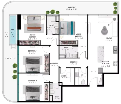 Samana Ocean Pearl: Floor plan Type A, 1,972 sq ft