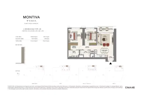 Montiva at Emaar Green Gate: Floor plan Type  2В UNIT P2-01, 101, 201-2201, 2301, 2401-4701, 1,143 sq ft