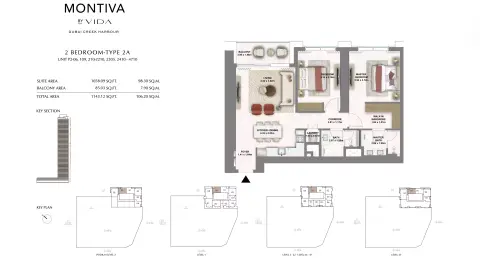 Montiva at Emaar Green Gate: Floor plan Type 2A Unit P2-06, 109, 210-2210, 2305, 2410 - 4710, 1,143 sq ft