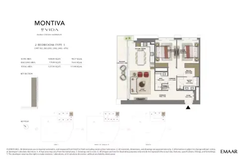 Montiva at Emaar Green Gate: Floor plan Type  1 UNIT 102, 202-2202, 2302, 2402-4702
