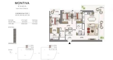 Montiva at Emaar Green Gate: Floor plan Type 1 Unit 209 - 2209, 2304, 2409 - 4709, 1,834 sq ft