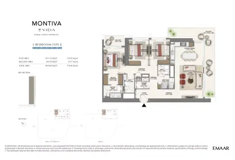 Montiva at Emaar Green Gate: Floor plan Type 1 UNIT 209-2209, 2304, 2409-4709, 1,834 sq ft
