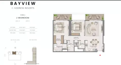 باي فيو من إعمار: مخطط الطابق Unit 01 Level 10-24 & 25-34, 1,167 sq ft