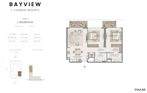 باي فيو من إعمار: مخطط الطابق Unit 5, Level 21-40, 1,106 sq ft