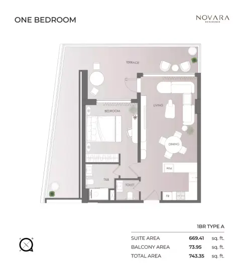 Novara Residence: Планировка Type A, 743 sq ft