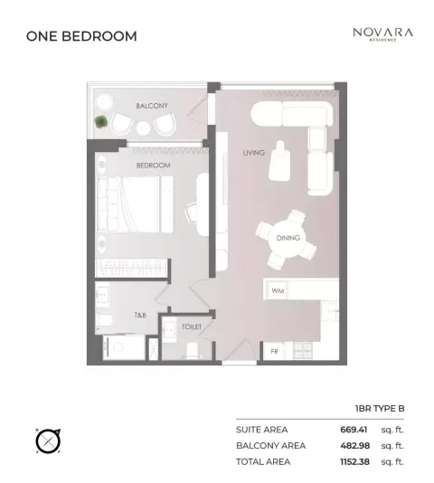 Novara Residence: Планировка Type B, 1,152 sq ft