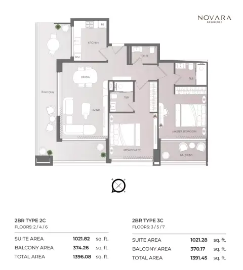 Novara Residence: Планировка Type 2C, 1,391 sq ft